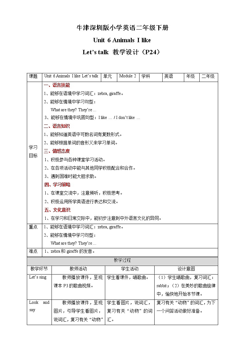 Unit 6 Animals I like Let 's talk 教案第1页