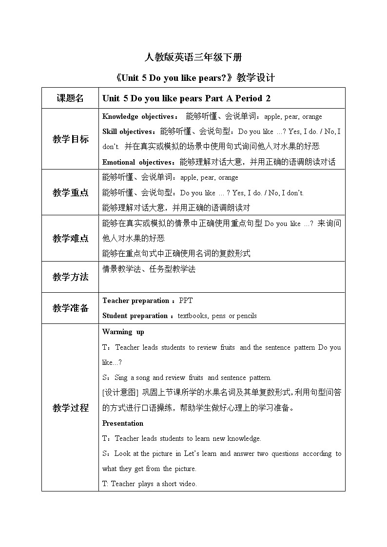 Unit 5 Do you like pears Part A Period 2教学设计第1页