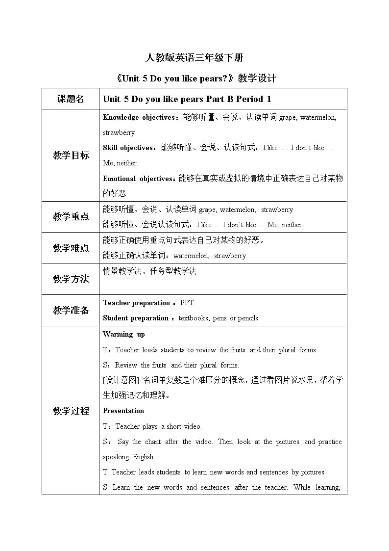 Unit 5 Do you like pears Part B Period 1教学设计第1页