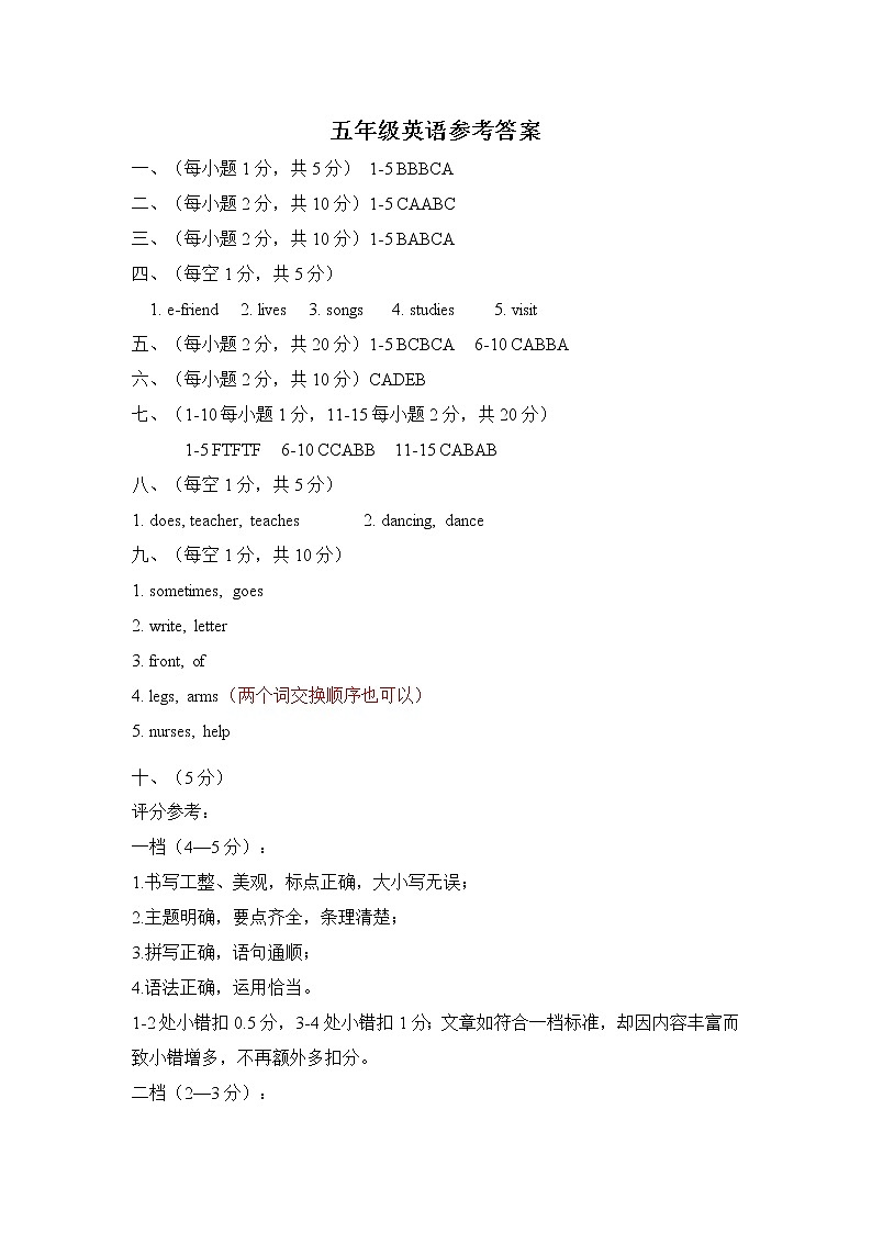 五上英语期末参考答案第1页