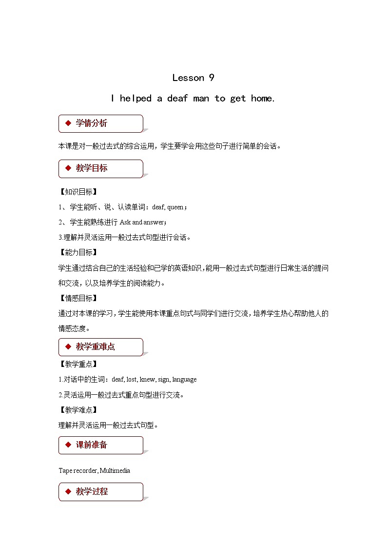 英语科普版六年级第二学期:Lesson 9 I helped a deaf man to get home 教案练习课件01