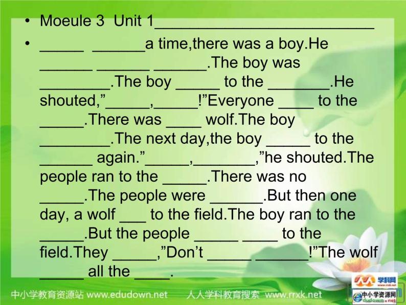 外研版一起小学英语四下《Module 3Unit 1 He shouted “ Wolf, wolf!”》PPT课件 (2)05