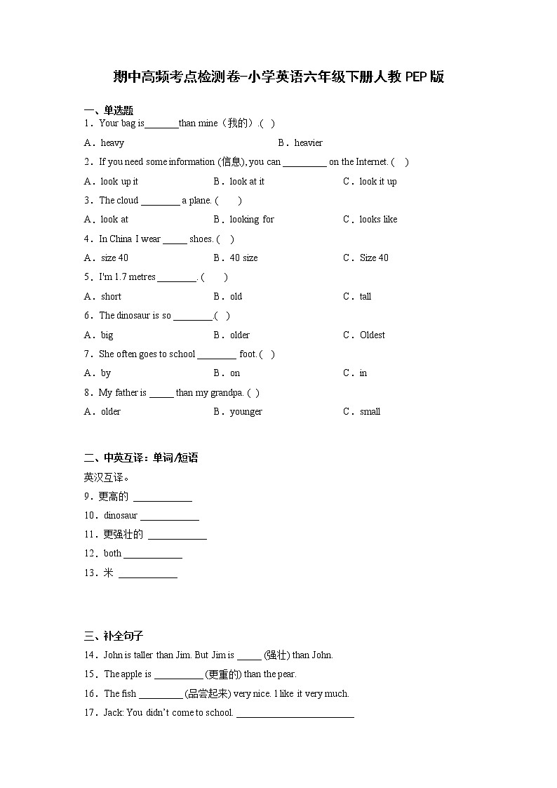 期中高频考点检测卷-小学英语六年级下册人教PEP版第1页