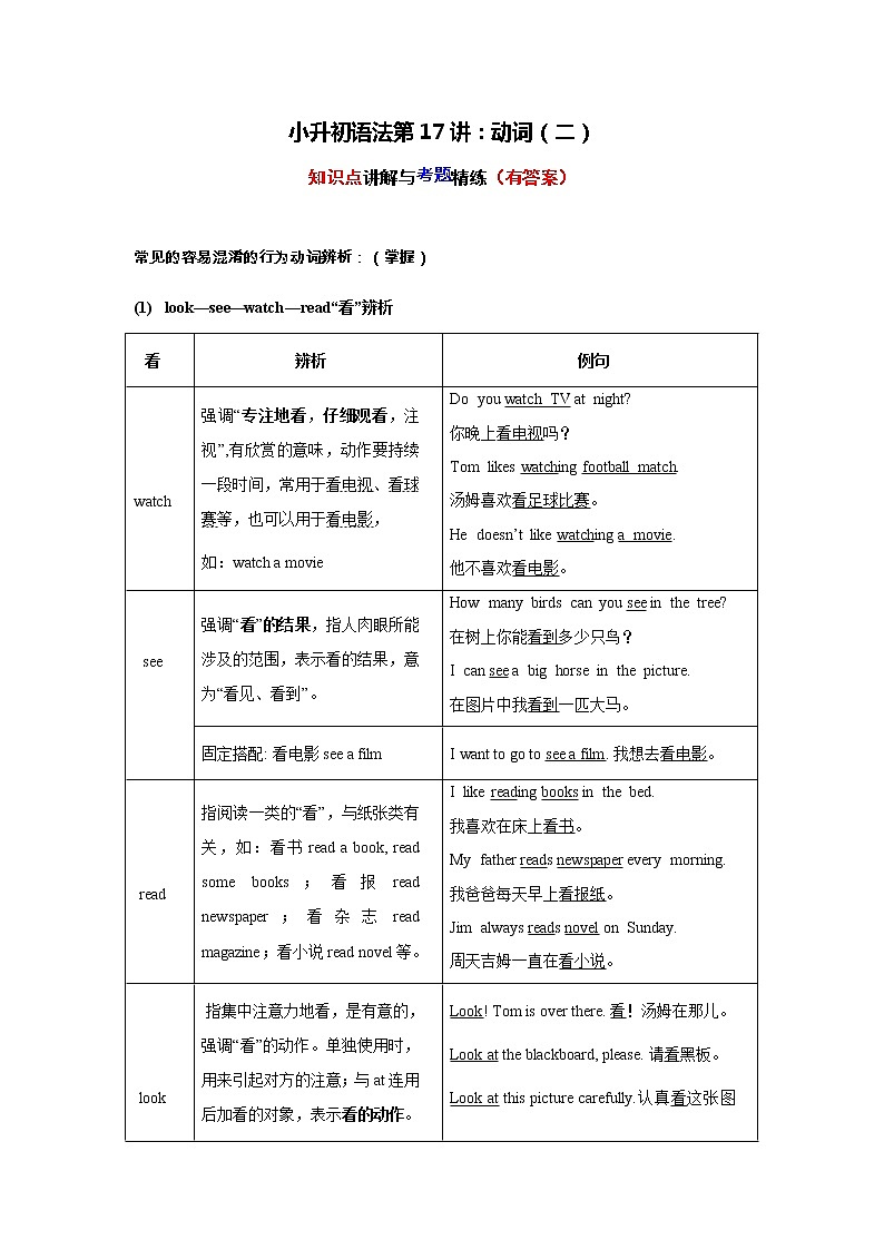 小升初语法专题讲练第17讲:动词(二)第1页