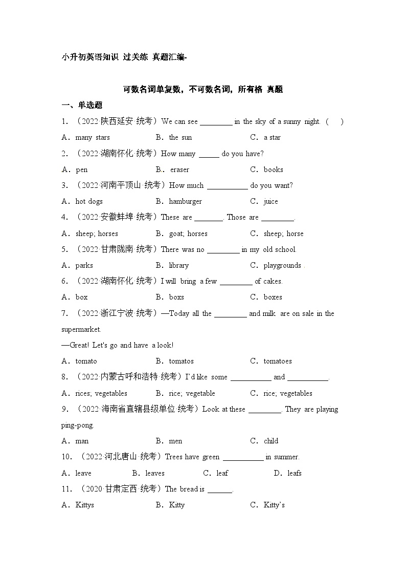 小升初英语通用版知识过关练+真题汇编：可数名词单复数，不可数名词，所有格