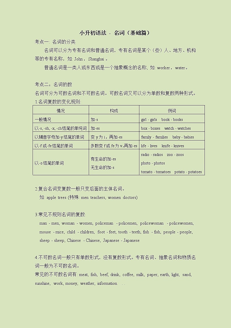 小升初英语语法总复习知识点讲解+练习学案:名词-基础版第1页
