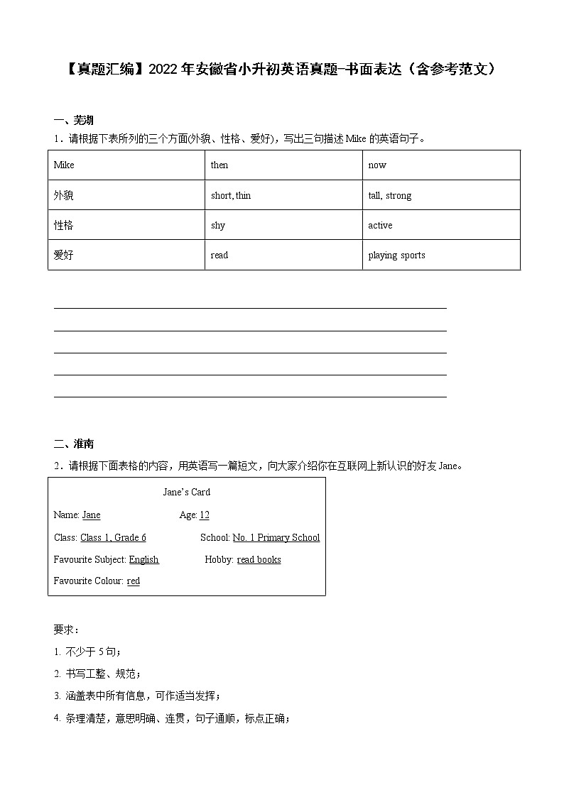 【真题汇编】2022年安徽省小升初英语真题汇编——07书面表达(含参考范文)第1页