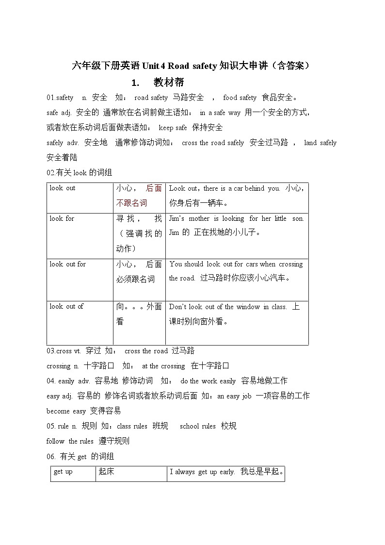 【期末复习】小学译林版(三起)六年级下册单元复习精讲精练Unit4 Road safety(含答案)第1页