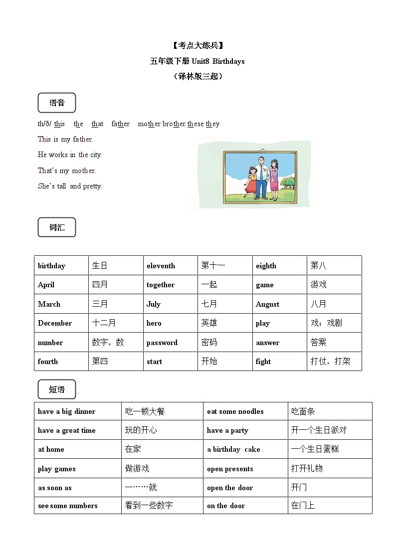 【期末复习】小学译林版(三起)五年级下册单元复习精讲精练Unit8 Birthdays(讲义+练习)(含答案)01