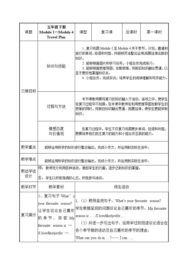 教育科学出版社小学英语三年级起点五年级下册 Module 7 Let 's look back   教案第1页