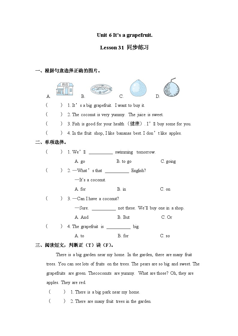 Unit 6 It’s a grapefruit. Lesson 31同步练习 人教精通版英语五年级上册01
