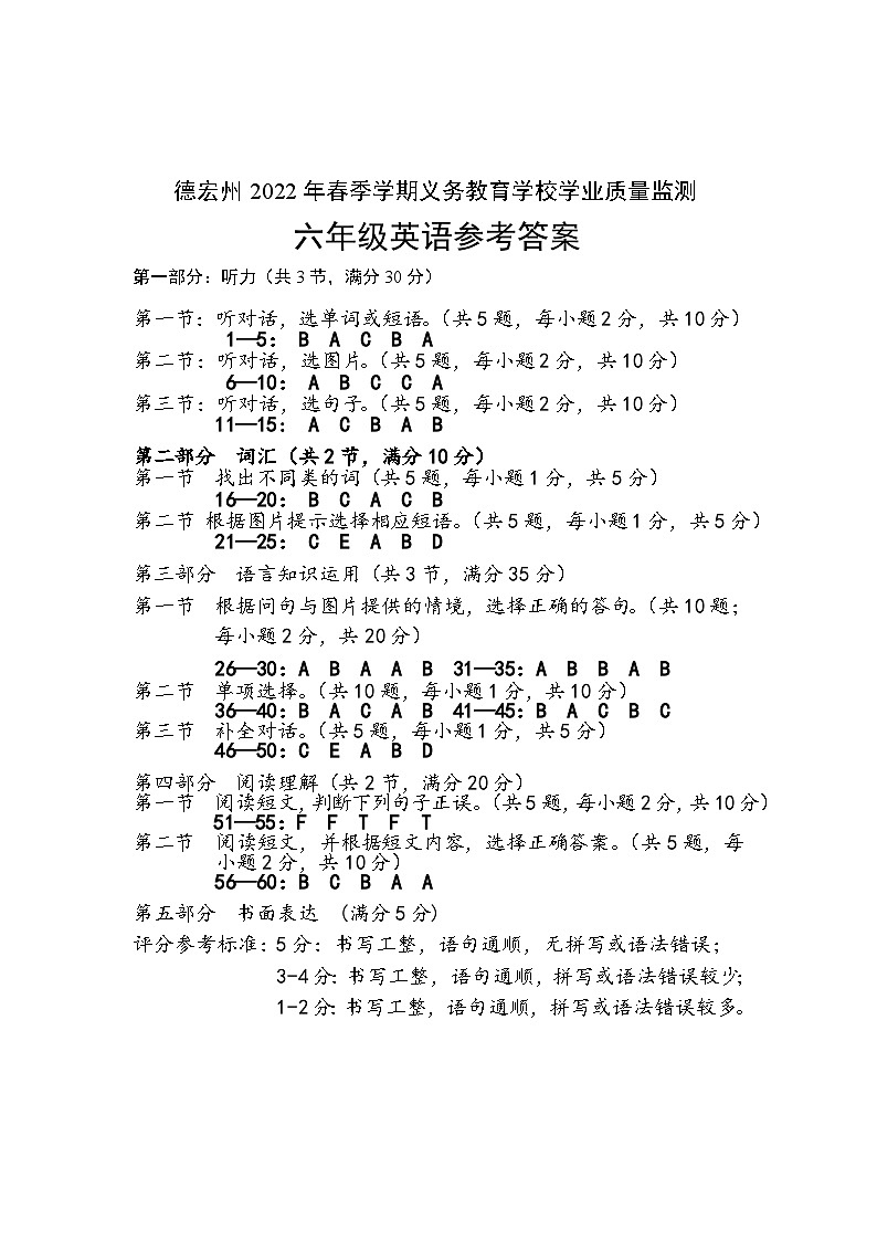 德宏州2022年春季学期义务教育学校学业质量监测六年级英语参考答案第1页