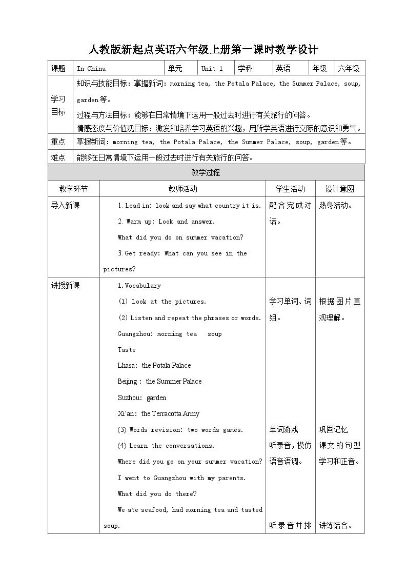 人教版新起点英语六上册Unit 1 In China 第一课时课件+教案+练习01