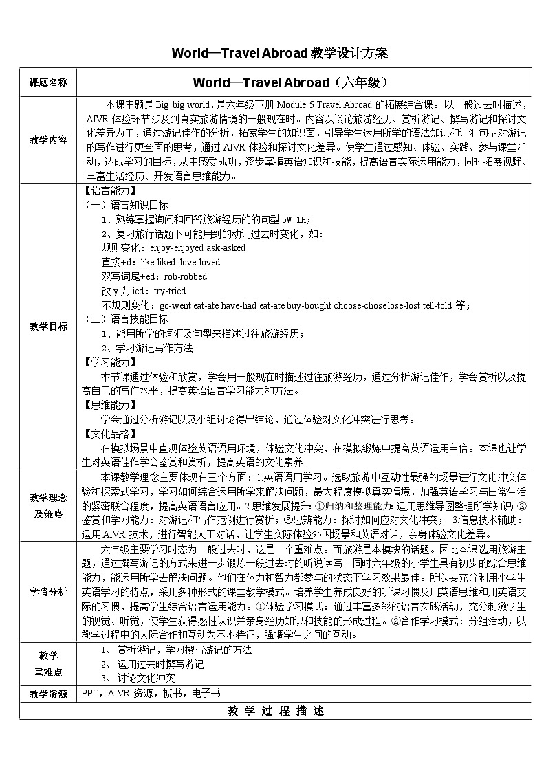 教育科学出版社小学英语三年级起点六年级下册 Module 5 Travel Abroad 教案1第1页
