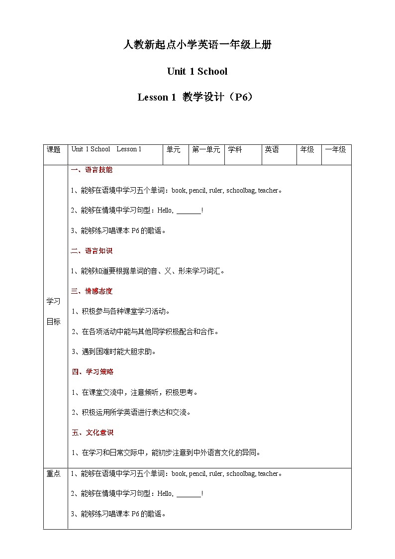 人教版新起点英语一年级上册Unit 1 School Lesson 1 课件+教案+习题+素材01