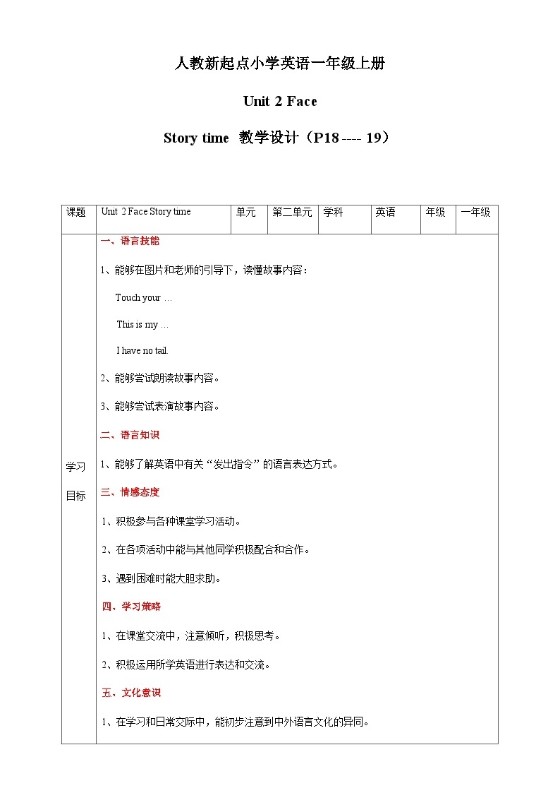 人教版新起点英语一年级上册Unit 2 Face Story time 课件+教案+习题+素材01