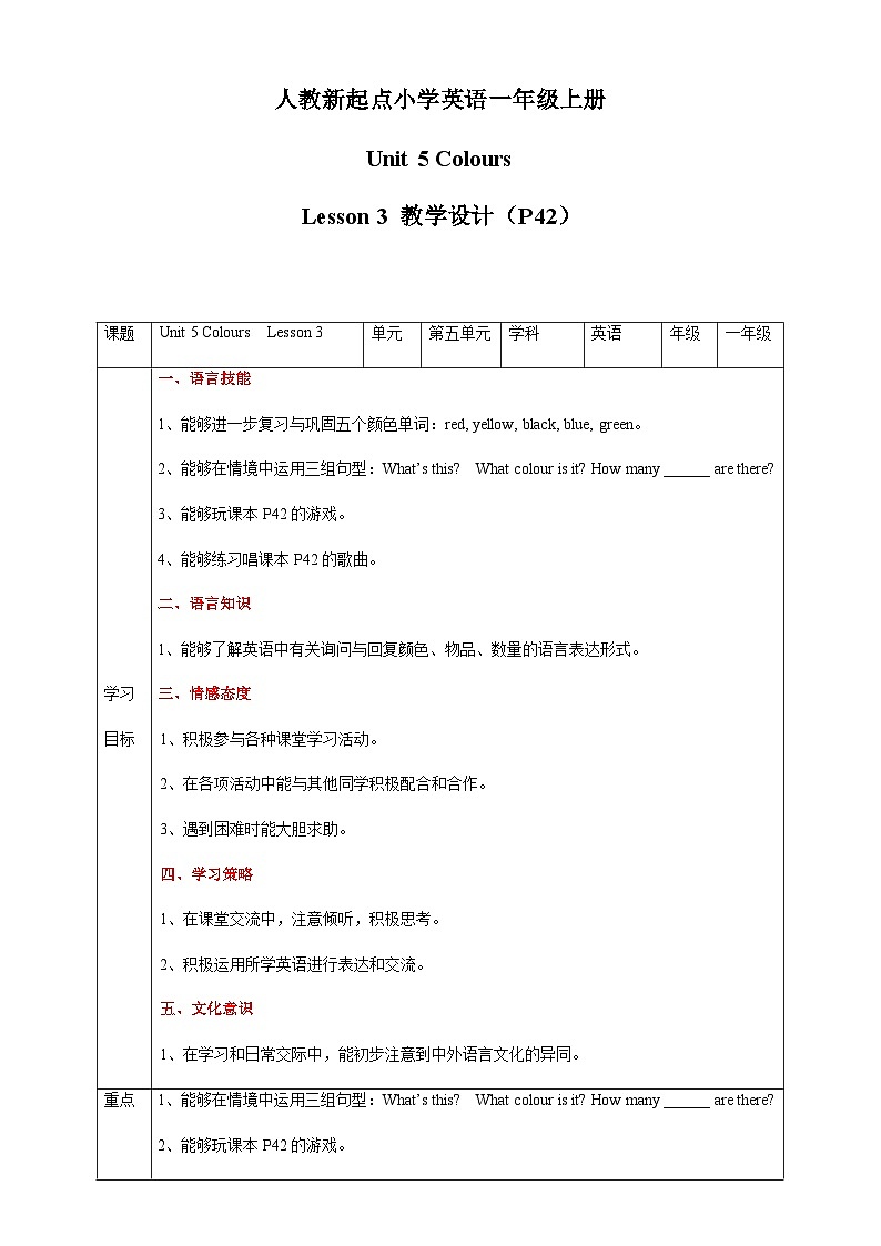 人教版新起点英语一年级上册Unit 5 Colours Lesson 3 课件+教案+习题+素材01
