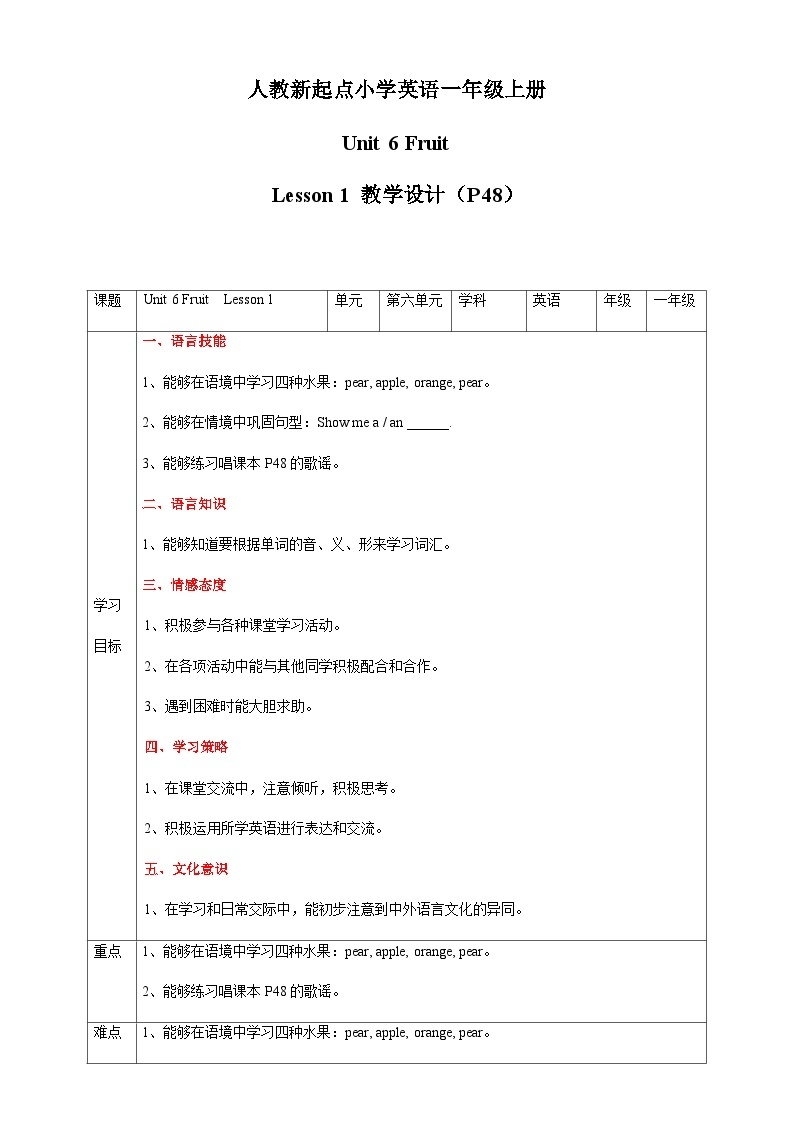 人教版新起点英语一年级上册Unit 6 Fruit Lesson 1 课件+教案+习题+素材01