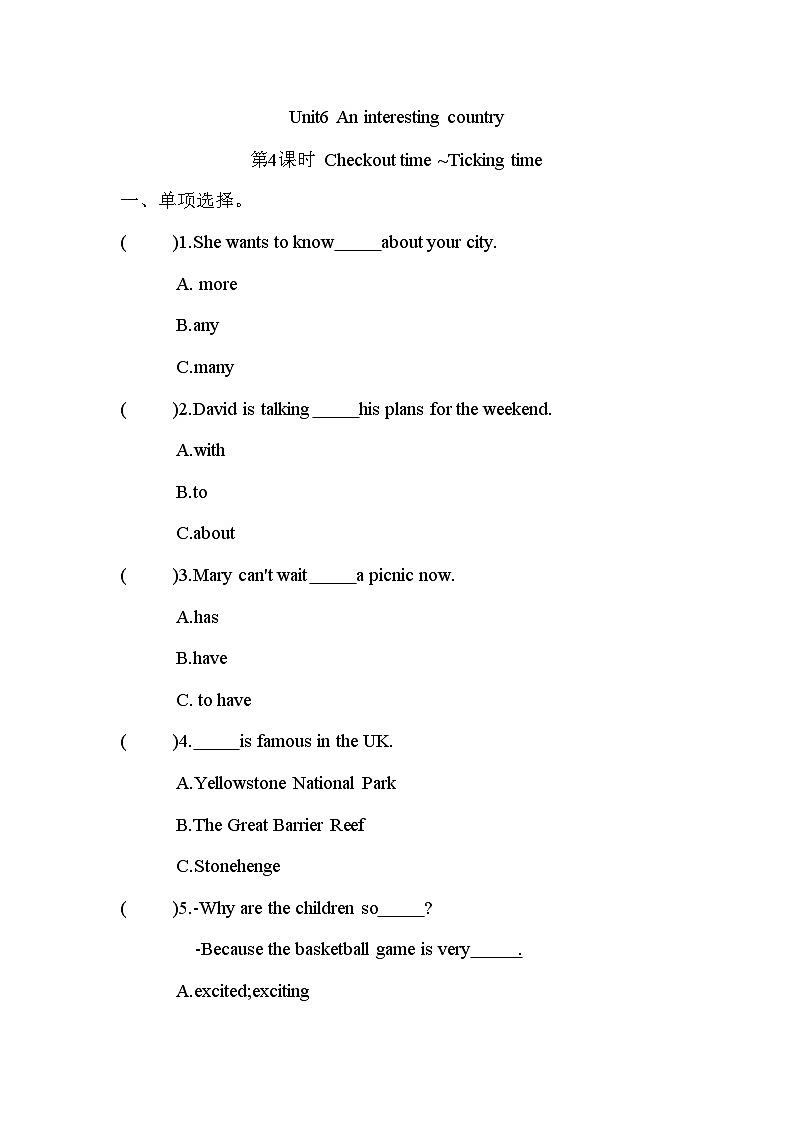 Unit6 An interesting country 第4课时 Checkout time ~Ticking time(同步练)译林版(三起)英语六年级下册01