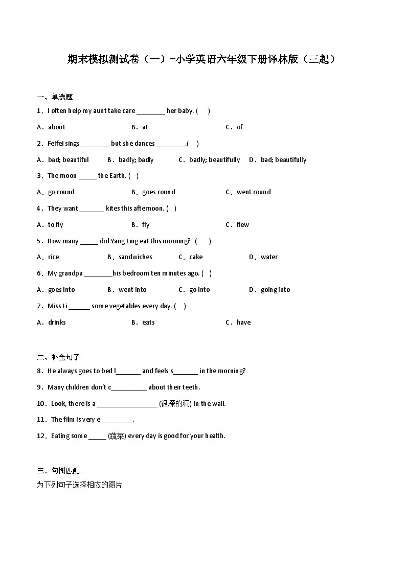 期末模拟测试卷(一)-小学英语六年级下册译林版(三起)第1页
