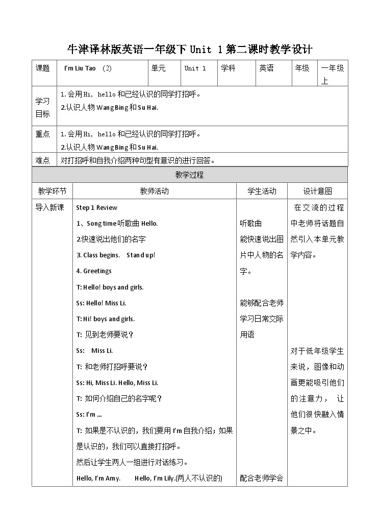 牛津译林版英语一年級上册 Unit 1 I’m Liu Tao 第二课时 课件+教案+练习01