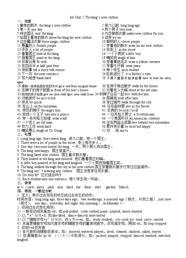 牛津译林版六年级英语上册第一单元6A Unit1词汇和句型知识点01