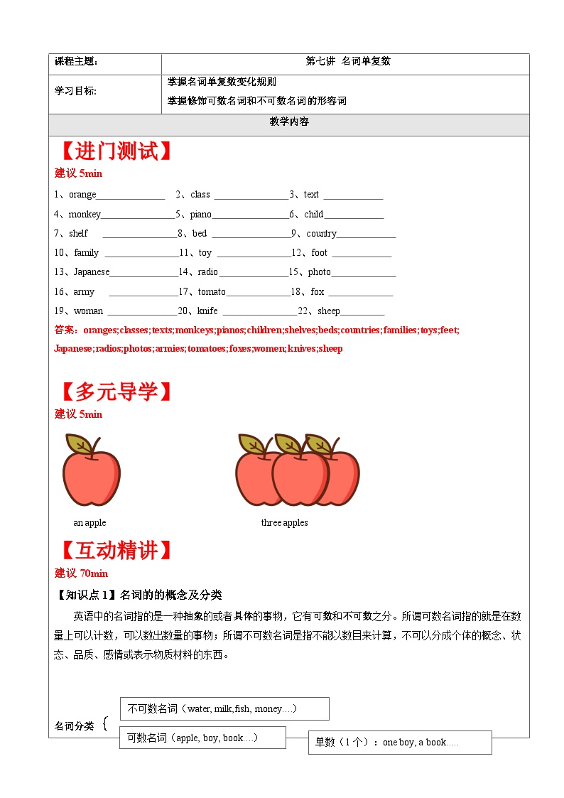 【暑假提升】牛津译林版英语四升五暑期讲义-第7讲：名词单复数讲学案