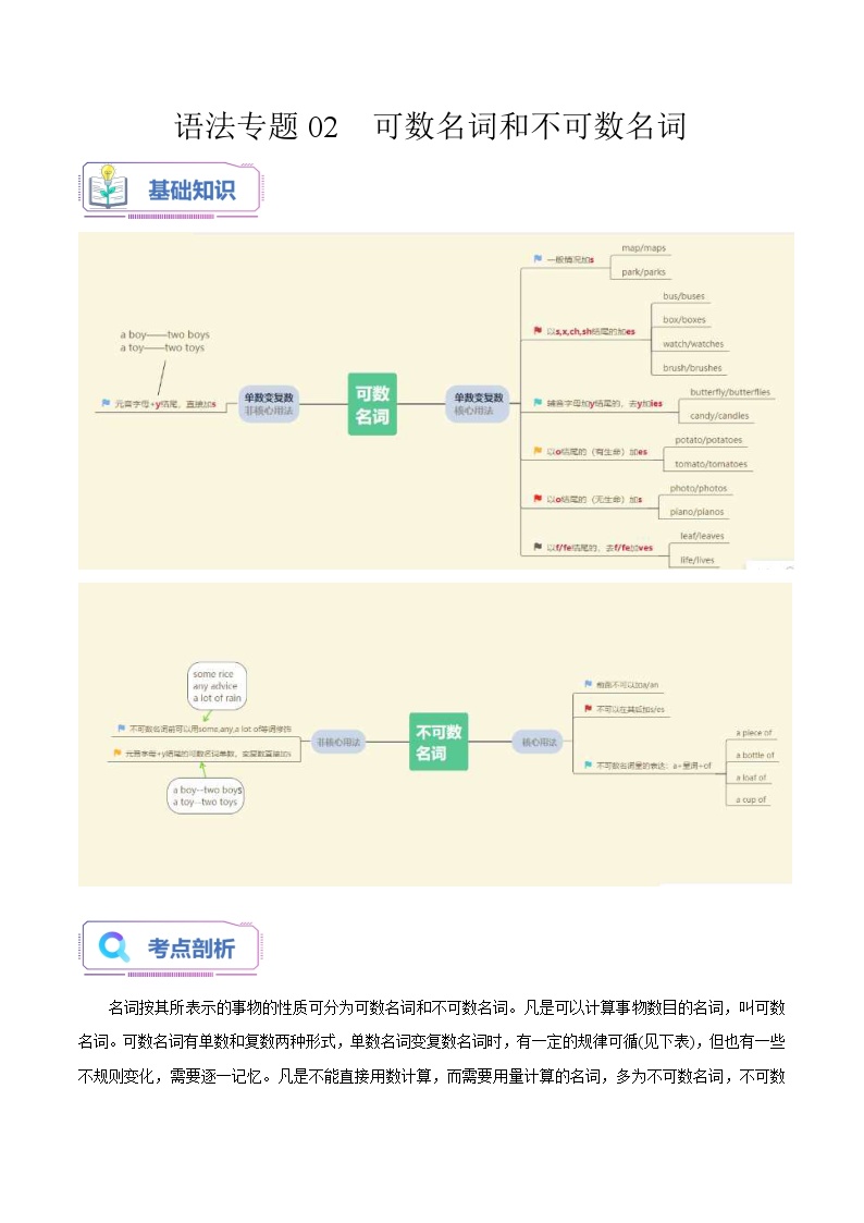 通用版英语小升初暑假衔接 语法专题02 可数名词和不可数名词【精讲+演练】-2023年小升初英语无忧衔接 (原卷版+解析版）