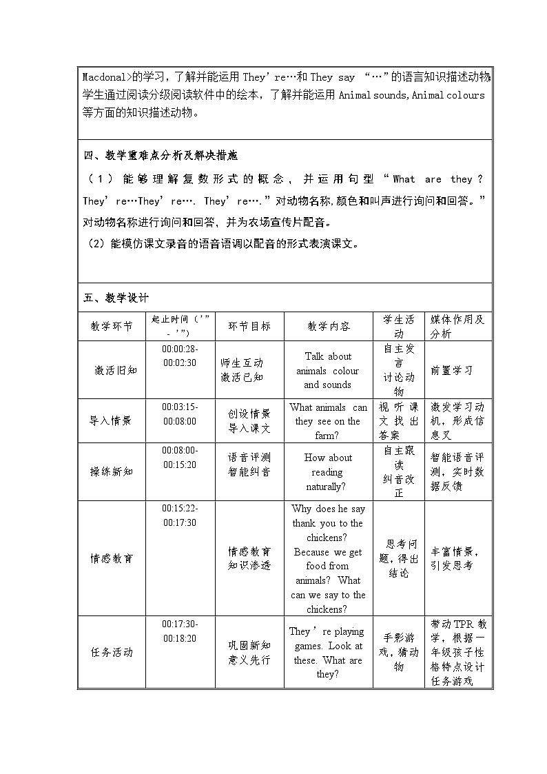 外研版(一年级起点)小学一年级英语下册 Module 5 Unit 1 They are cows. 教案202