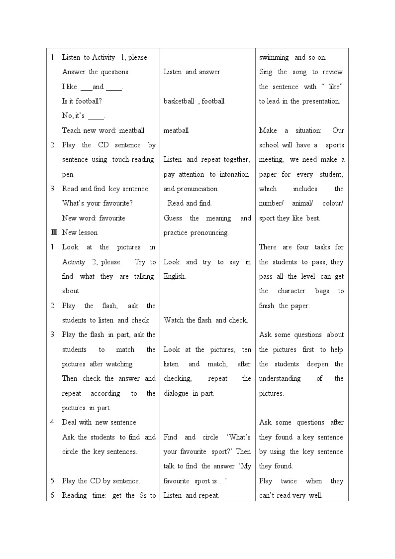 外研版（一年级起点）小学一年级英语下册 Module 9  Unit 2  What's your favourite sport？     教案202