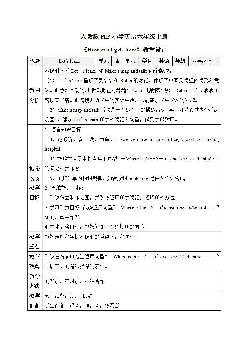 【核心素养目标】人教版(PEP)小学英语六年级上册 U1 How can I get there PA Let's learn课件+教案01