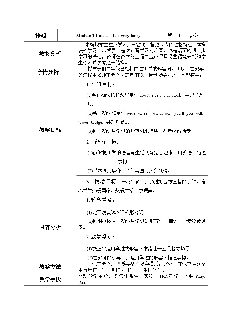 外研版（一年级起点）小学三年级英语下册 Module 2 Unit 1  It’s very long.   教案01