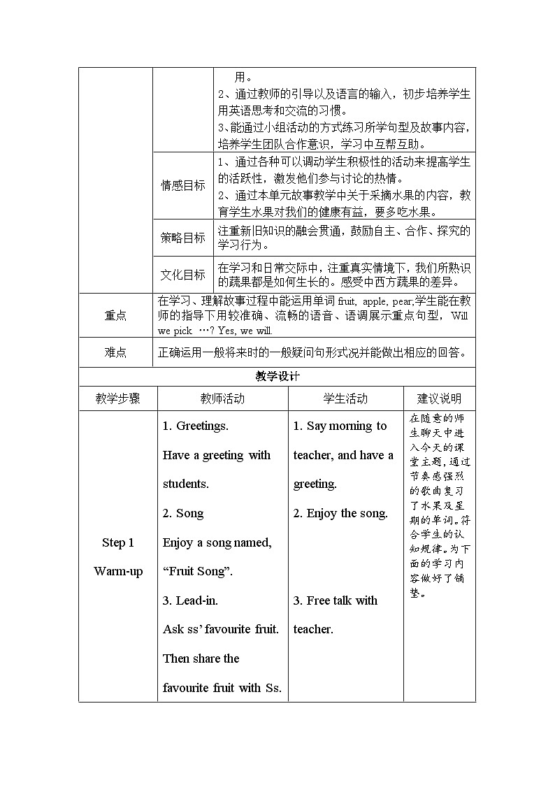 外研版(一年级起点)小学三年级英语下册 Module 4 Unit 1 We'll pick fruit.   教案302