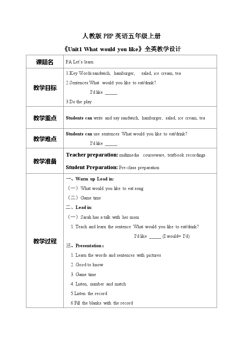 Unit 3 What would you like PA Let's learn 教案01