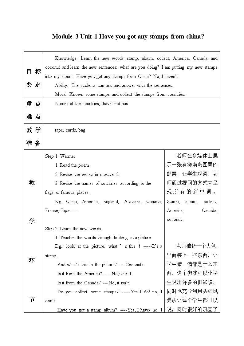 外研版(一年级起点)小学六年级英语上册Module 3 Unit 1 Have you got any stamps from China? 教案第1页