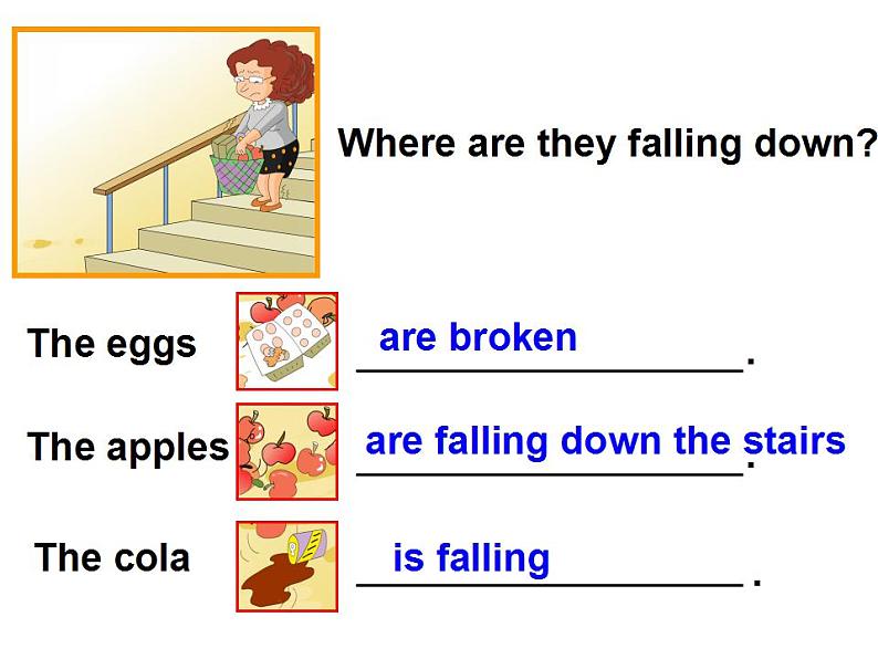外研版(一年级起点)小学六年级英语下册Module 4 Unit 2 The apples are falling down the stairs! 课件07