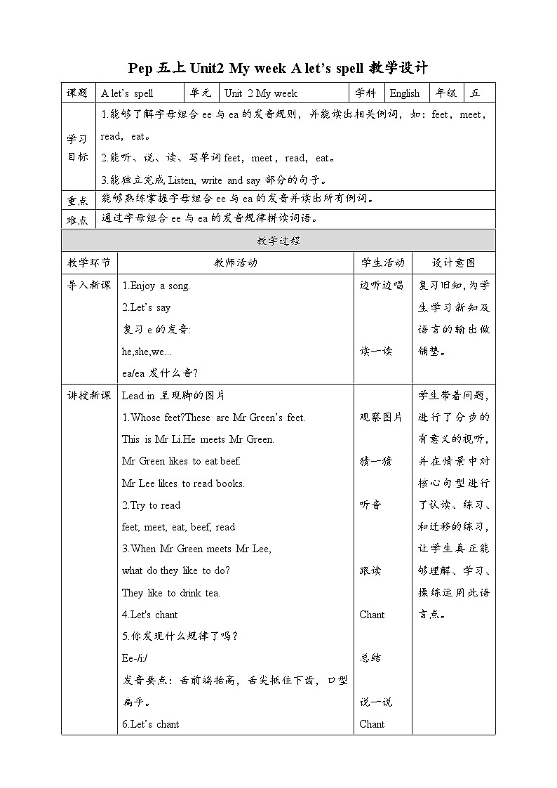 人教版英语五年级上册 Unit2 My week A Let’s spell 教案01