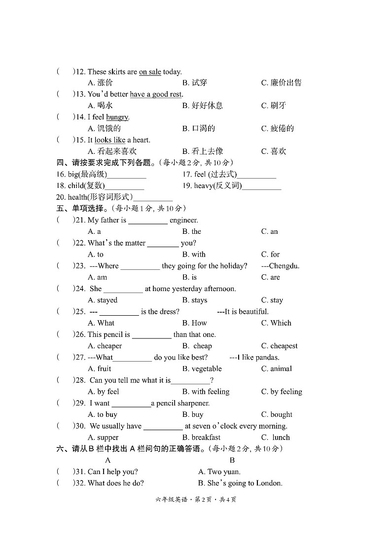 四川省巴中市平昌县2022-2023学年六年级下学期期末考试英语试题第2页