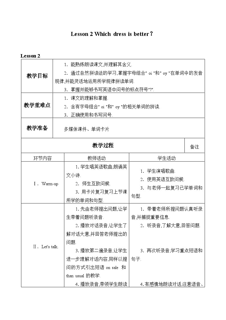 川教版(三年级起点)小学六年级英语下册 Unit1 Lesson 2 Which dress is better 教案第1页
