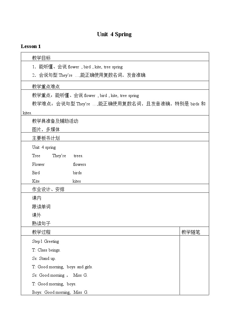 牛津译林版小学一年级英语下册 Unit 4 Spring 教案01