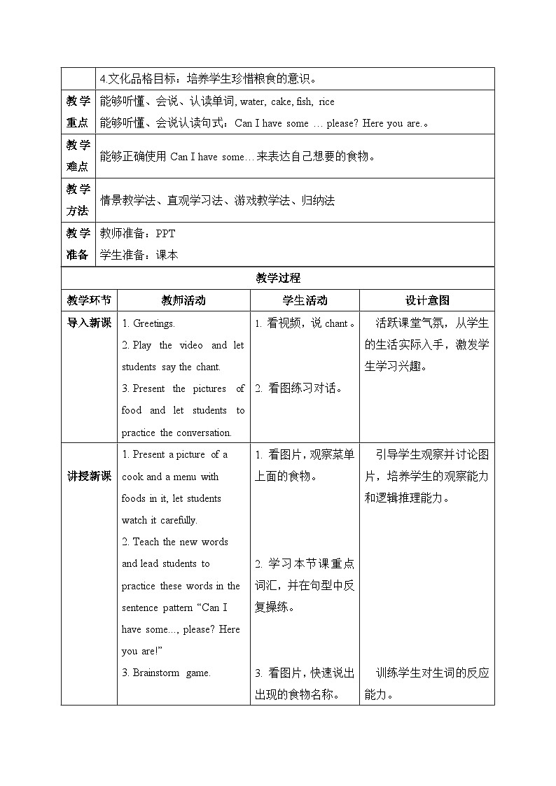 【核心素养目标】人教版小学英语 三年级上册 Unit 5 Let 's eat! Part B Let’s learn & Let’s do 教案(含教学反思)第2页