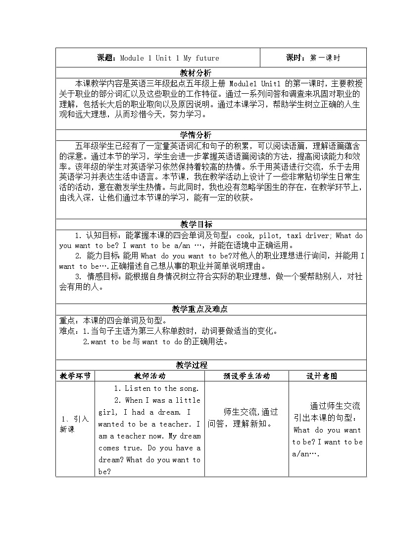 沪教牛津版(三起) 小学英语 五年级上册 Module 1 Unit1My future 表格式教案第1页