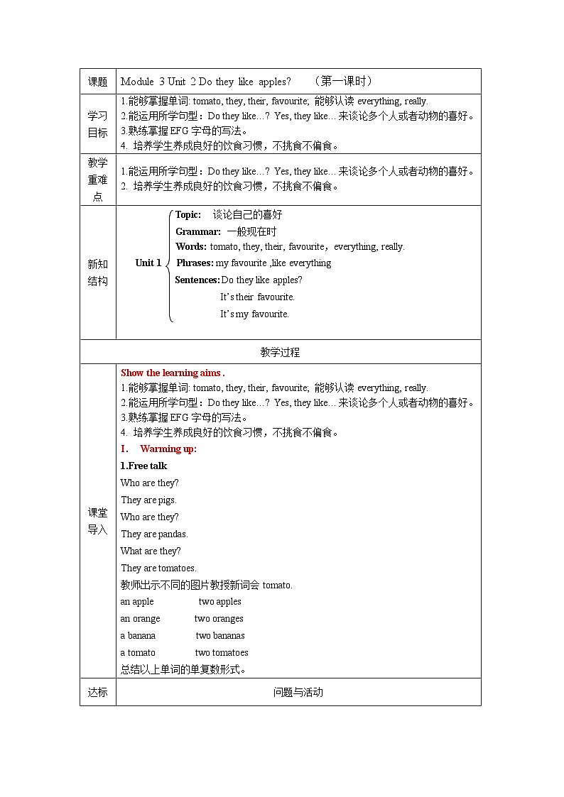 外研版(一起)小学英语 二年级上册 Module 3 Unit 2 Do they like apples? 教案(2课时)第1页