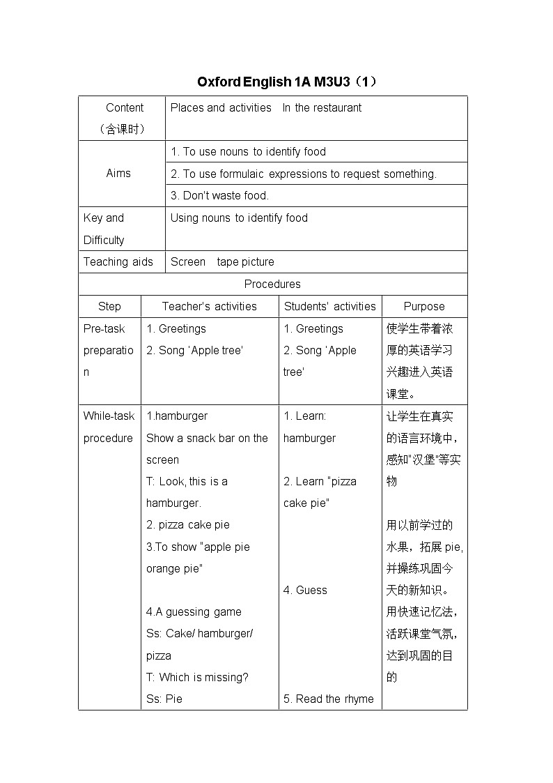 沪教牛津版(六三制一起)小学英语 一年级上册 Module 3 Unit 3 In the restaurant 教案(2课时,表格式)第1页