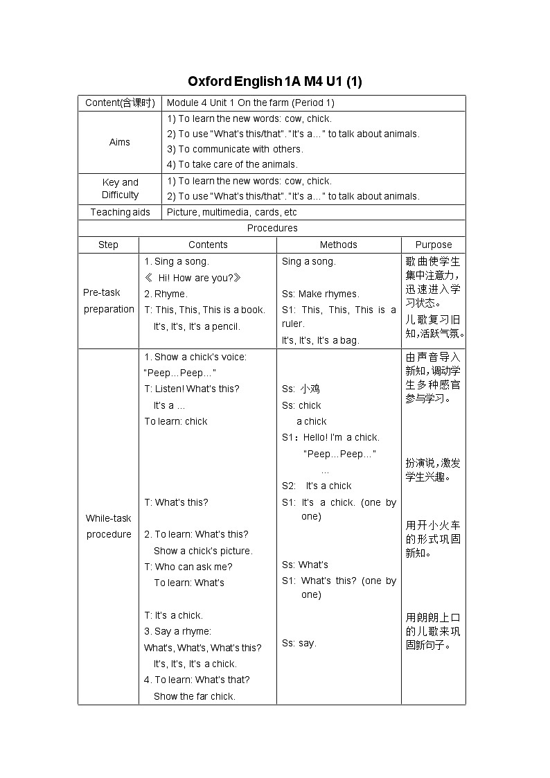 沪教牛津版(六三制一起)小学英语 一年级上册 Module 4 Unit 1 On the farm 教案(2课时,表格式)01