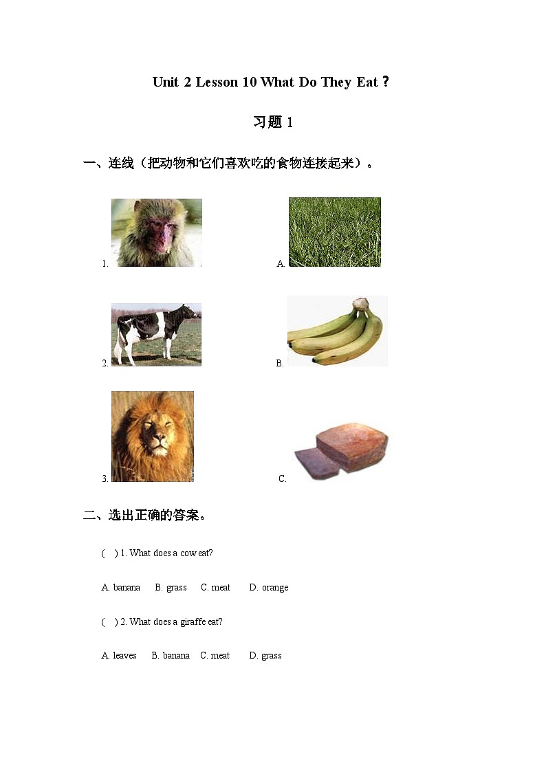 Unit 2 Lesson 10 What Do They Eat? 同步习题(无答案) 1第1页