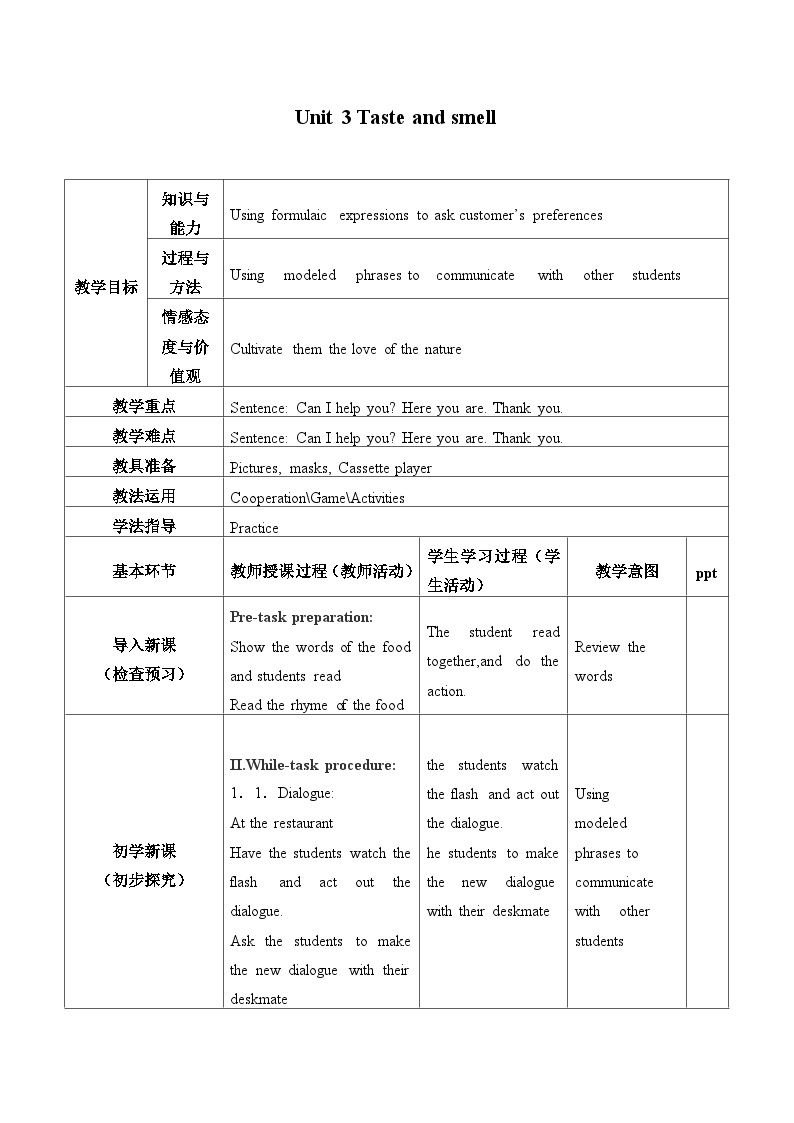 牛津上海版（试用本）小学一年级英语下册 Unit 1 Unit 3 Taste and smell   教案201