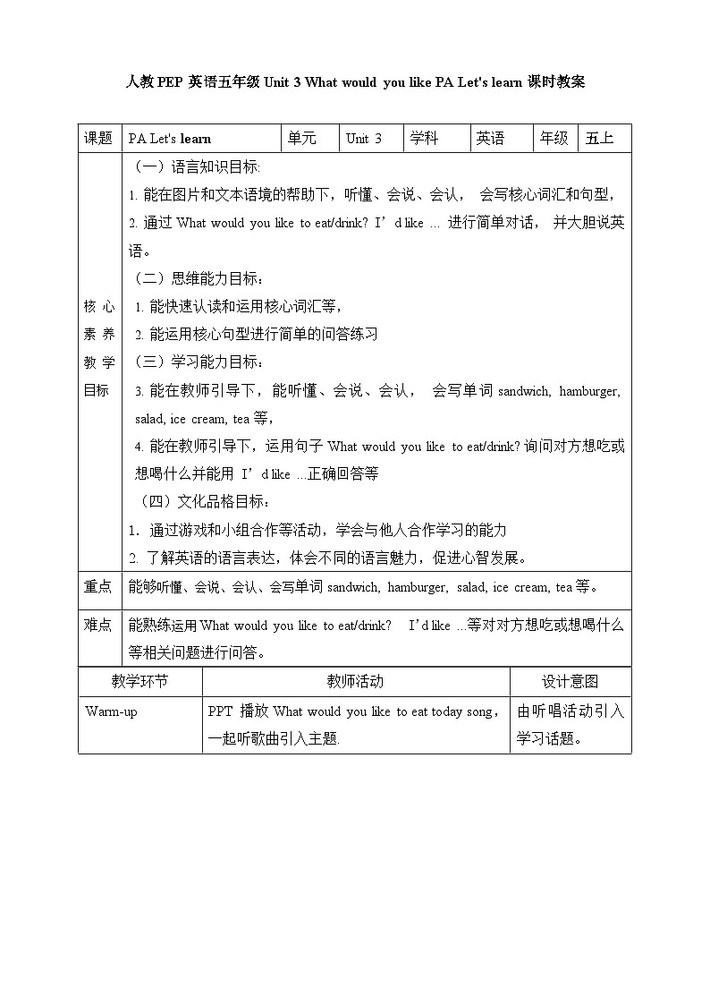 人教PEP版五年级上册 Unit 3 What would you like PA Let's learn 课件+教案+练习+动画素材01