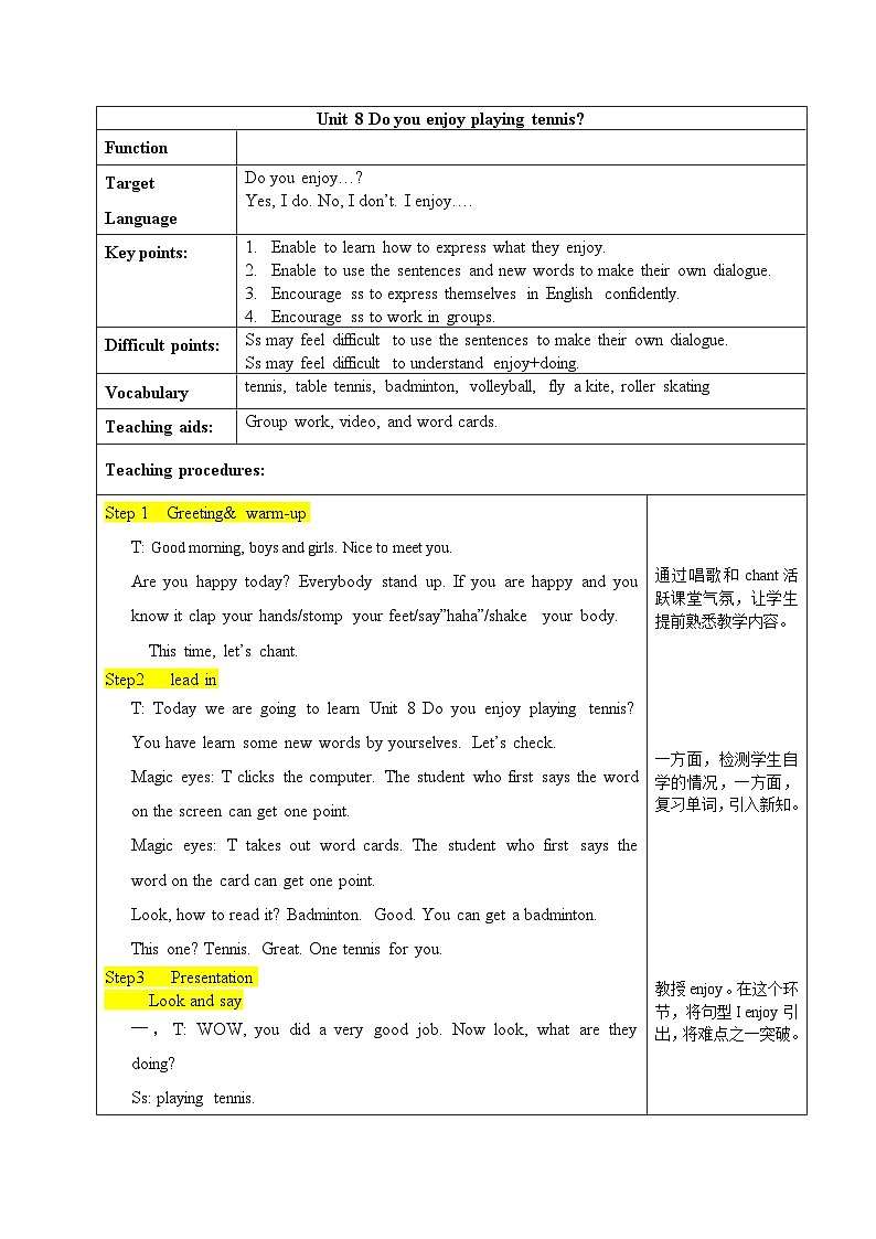 Unit8 Do you enjoy playing tennis?Section A 表格式 教案01