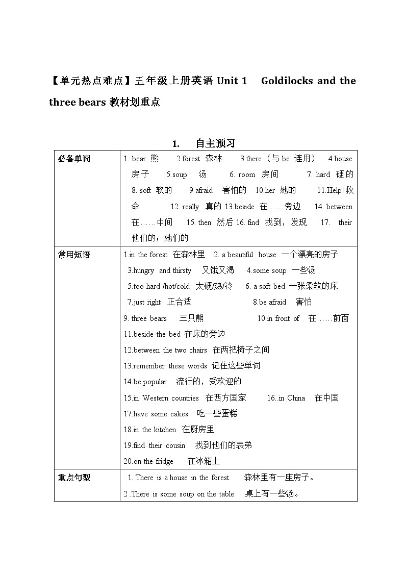 【期中重難點】譯林版英語五年級上冊--Unit1《Goldilocks and the three bears》教材重難點講學(xué)案第1頁
